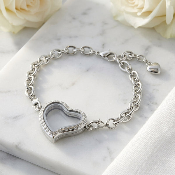 Crystal Heart Shaped Floating Charm Locket Bracelet With Security Clasp