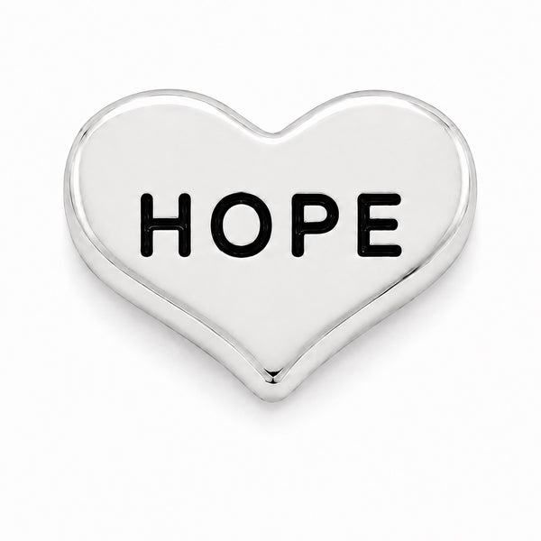 A polished silver heart-shaped Floating charm with the word 'HOPE' printed in bold black capital letters across the center, shown on a clean white background.