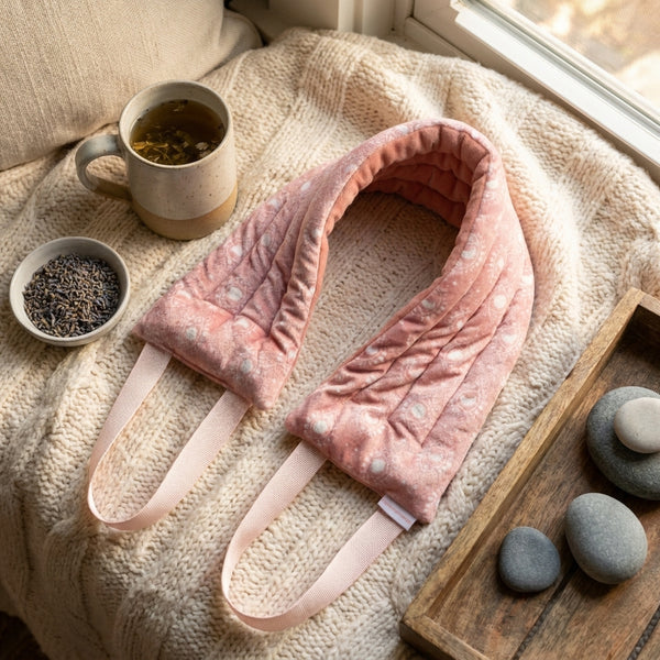 Pink Lemon Lavender heated neck wrap on a cable knit blanket with a cup of tea bowl of lavender and wooden tray of rocks.