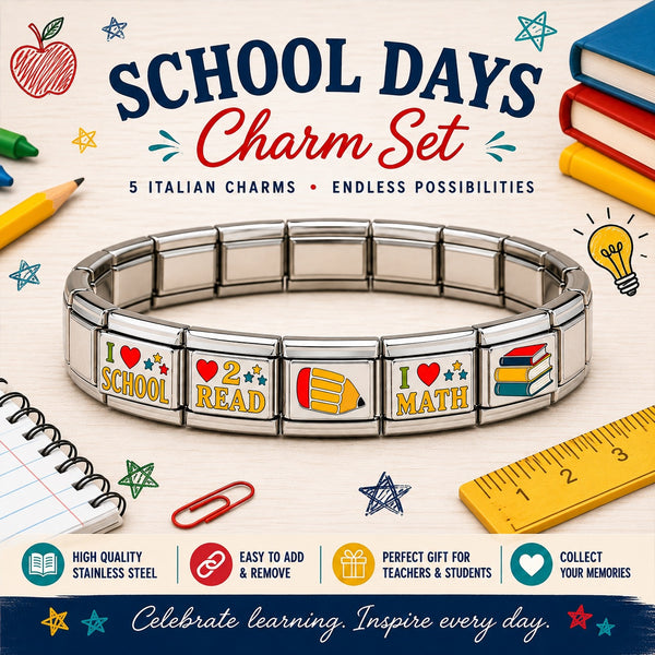 School Days Italian Charm bracelet Set featuring a stainless steel charm bracelet with five Italian-themed charms: 'I ♥ SCHOOL', ' ❤ 2 READ', 'I ♥ MATH', and others. The image is a styled flat-lay on a light wood background with school supplies like books, a pencil, a ruler, and a notebook.