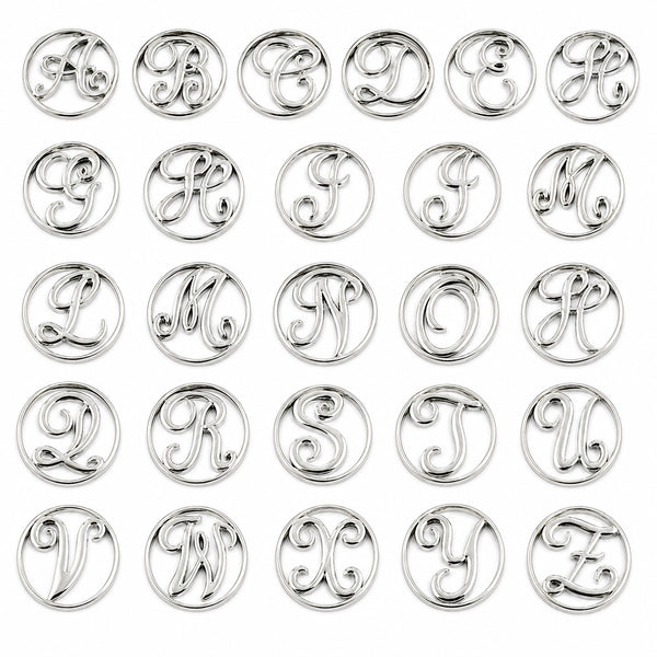 Silver 30mm Round Initial Window Plates For Floating Charm Lockets In Script Letters A-Z On White Background 