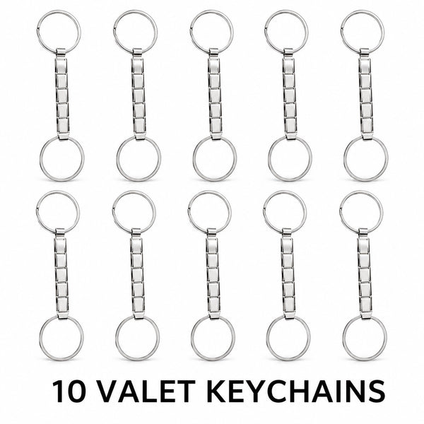 10- 9mm Italian Charm Valet Key Chains, each with 1" O-rings and 5 blank silver links on white background