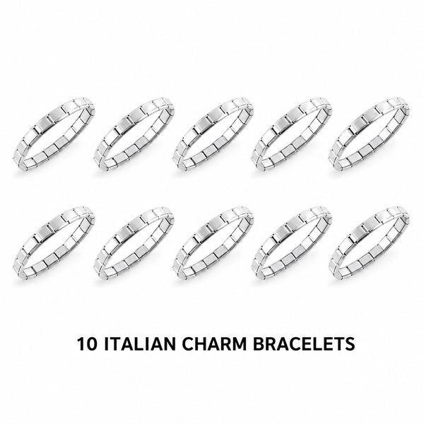 A wholesale 10-pack of 9mm Italian Charm Starter Bracelets in stainless steel on white background