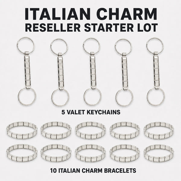10 stainless steel 9mm Italian charm starter bracelets and 5 Italian charm keychains on white background with text saying Italian charm reseller starter lot with 5 valet keychains and 10 Italian charm bracelets