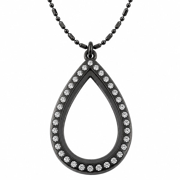 Large gunmetal crystal teardrop floating charm locket necklace on black ball chain