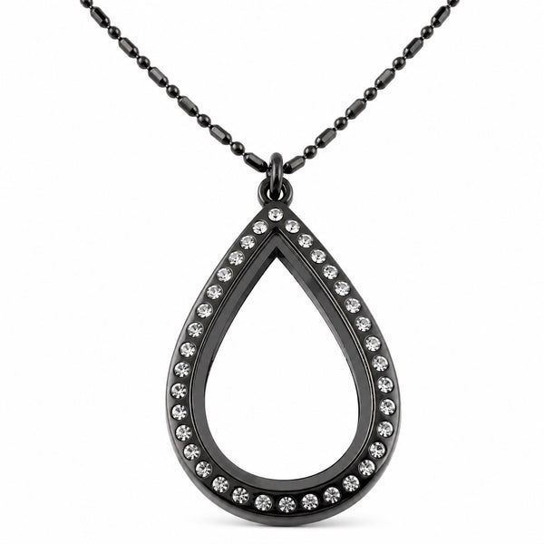 Large gunmetal crystal teardrop floating charm locket necklace on black ball chain