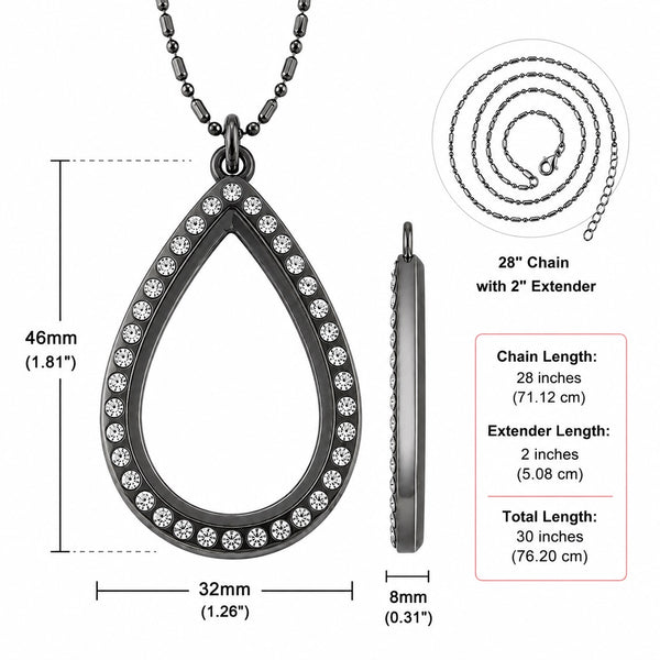 Teardrop floating charm locket necklace showing size chart