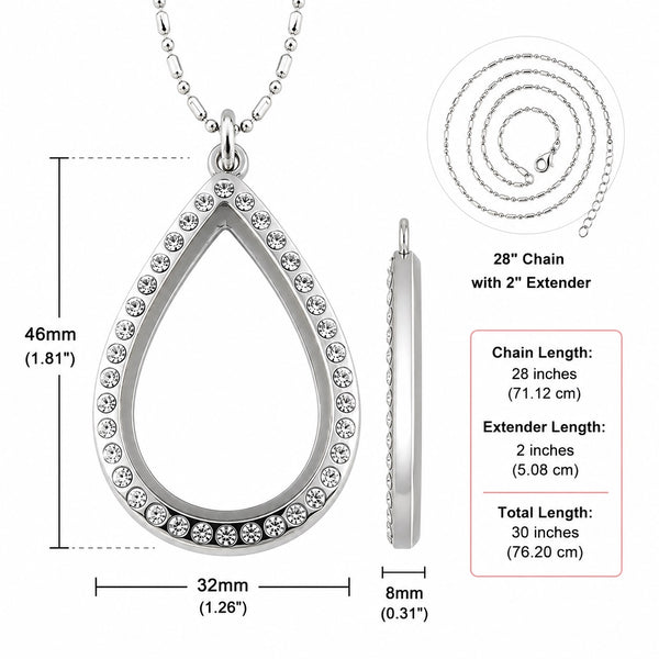 Silver teardrop floating charm locket necklace with a crystal-studded border, shown with chain, side profile, and dimension measurements including 46mm height, 32mm width, 8mm thickness, 28-inch chain, 2-inch extender, and 30-inch total length.
