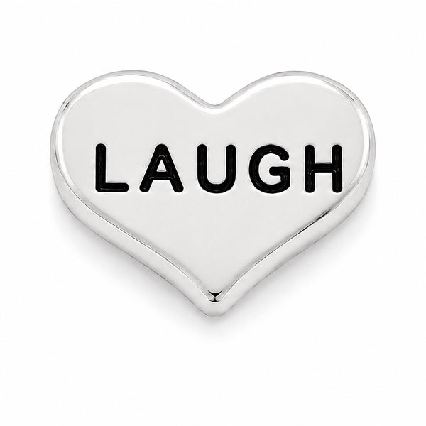 A polished silver heart-shaped Floating charm with the word 'LAUGH' engraved in bold black capital letters, shown on a clean white background.