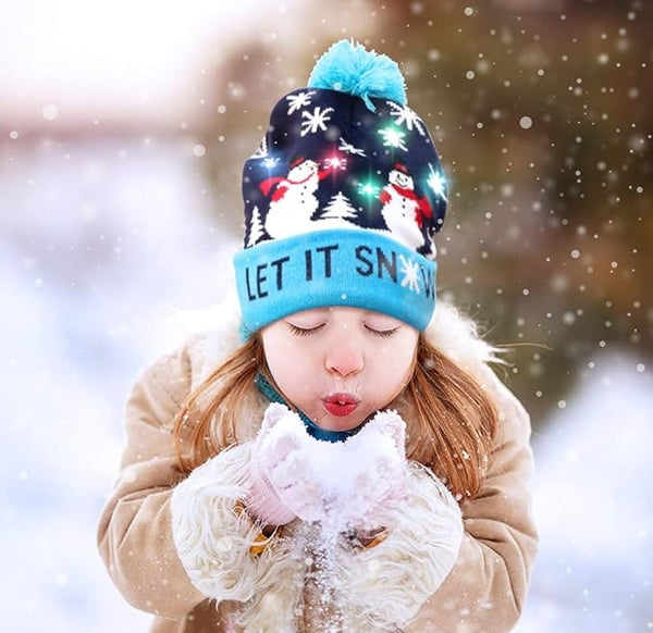 Flashing LED Light Up Christmas Pom Hat Let It Snow Snowflake