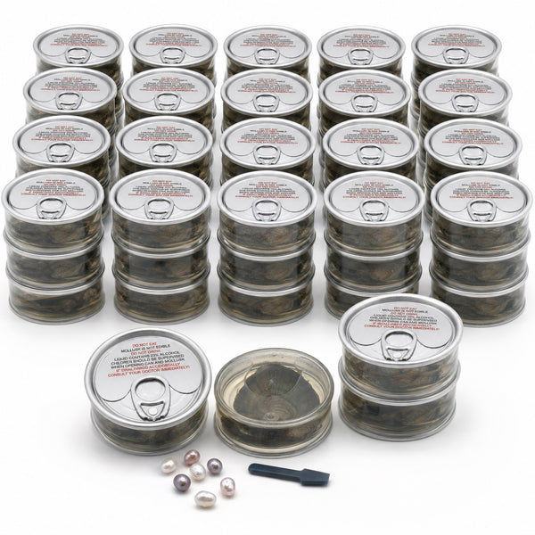 Bulk Love Pearl Canned Oysters With Pearls Inside And Losse Assorted Colored Pearls In Forefront On White Background.