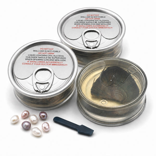Love Pearl Canned Oysters Showing Top And Bottom Of The Can With Product Label. Mollusk Shown Inside Of Upside Down Can Along With 7 Colorful Loose Pearls In White, Pink, Purple On White Background.