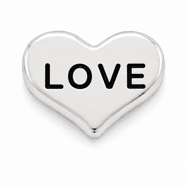 A polished silver heart-shaped Floating charm with the word 'LOVE' engraved in black capital letters, shown on a clean white background.