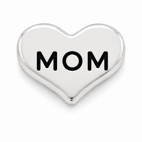 A polished silver heart-shaped Floating charm with the word 'MOM' in bold black capital letters, shown on a clean white background.