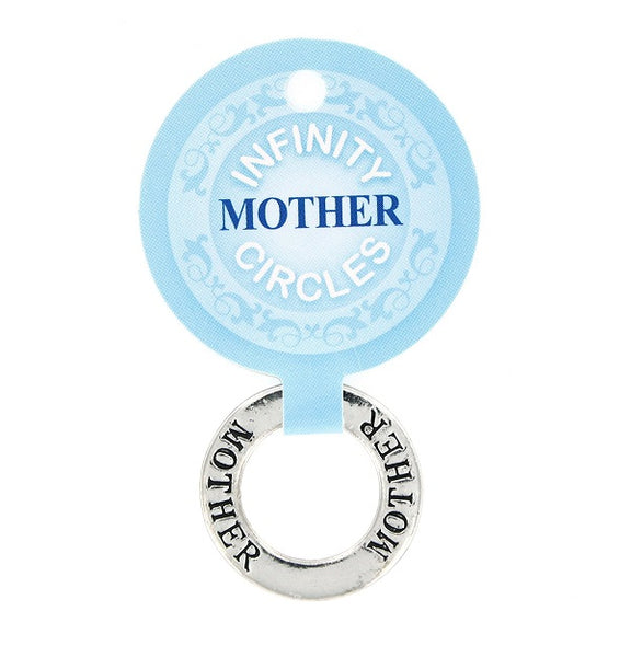 A silver circular infinity charm engraved with the word 'MOTHER' is suspended from a light blue product tag that reads 'INFINITY CIRCLES'.