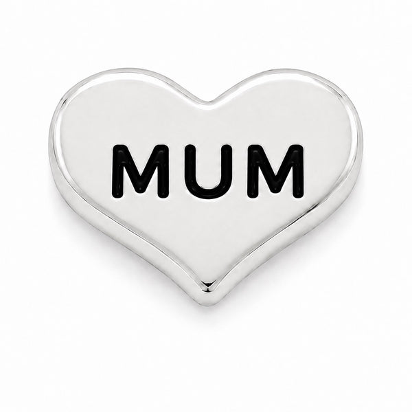 A polished silver heart-shaped Floating charm with the word 'MUM' in bold black capital letters across the center, shown on a clean white background.