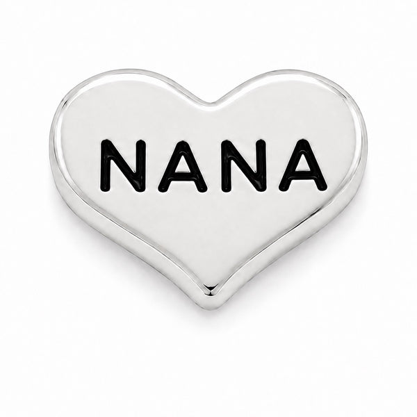 A polished silver heart-shaped Floating charm with the word 'NANA' embossed in black across the center, shown on a clean white background.