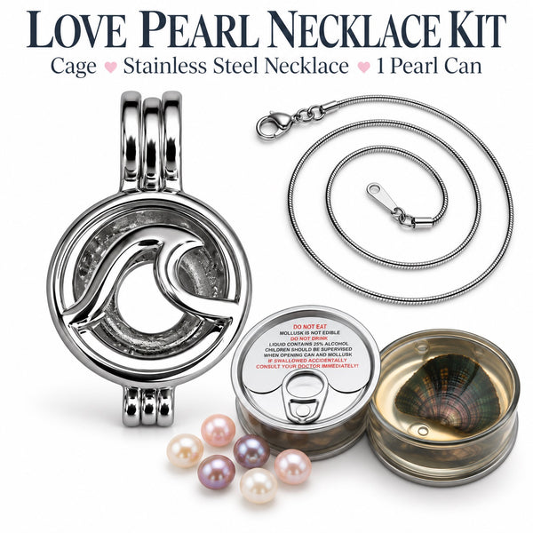 Ocean Wave Love Pearl Cage Necklace With Stainless Steel Chain, Showing Two Cans With Mollusk And Freshwater Pearl Inside With Loose Pearls In Assorted Colors