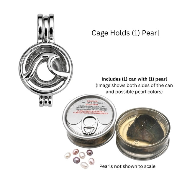 Ocean Wave Love Pearl Cage Pendant With Two Cans Containing Mollusk With Pearl Inside And Assorted Colored Loose Pearls Scattered