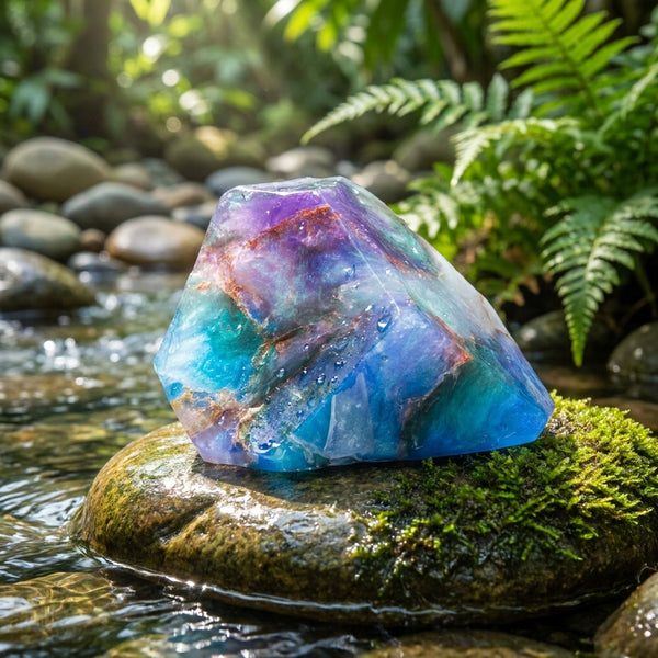 A large opal SoapRock gemstone soap bar with swirling blue, purple, and teal colors sits on a mossy rock in a flowing stream surrounded by green ferns and forest foliage.
