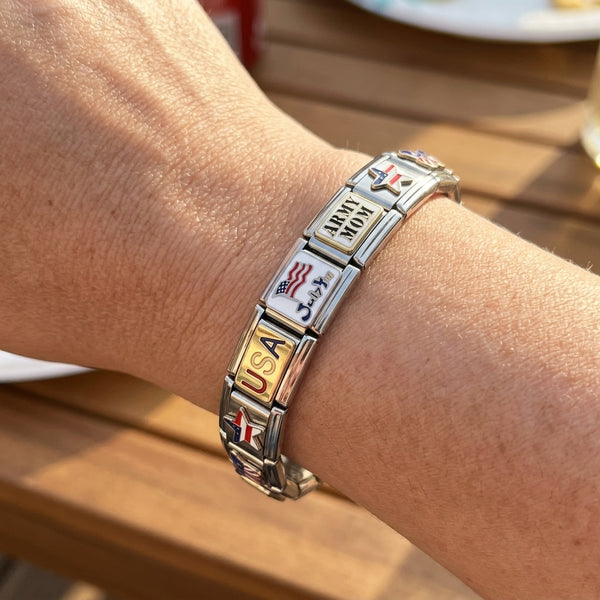 Patriotic 9mm Italian Charm Bracelet On Woman's Wrist