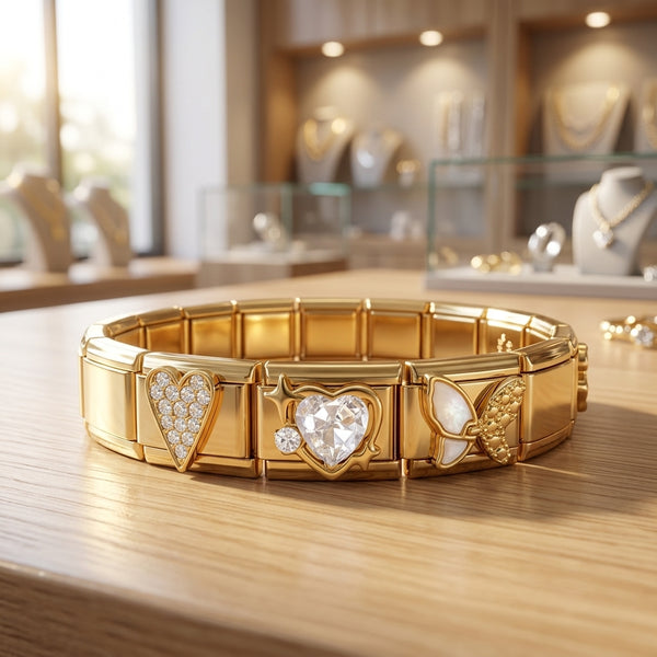 Gold 9mm Italian charm bracelet with pave crystal heart designs on a wooden surface in a jewelry store setting