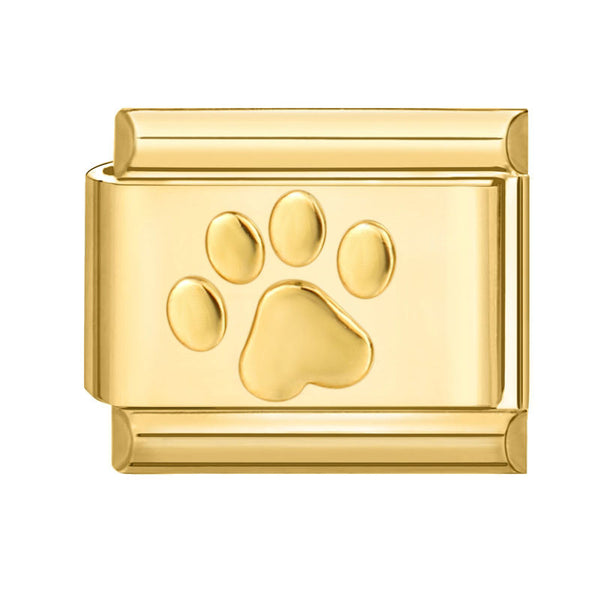 Gold 9mm Italian charm with embossed paw print design on a white background