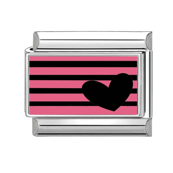 Silver 9mm Italian charm with pink and black striped design featuring a heart on a white background