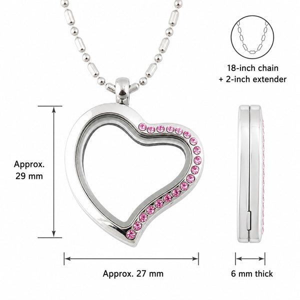 Curvy Heart Shape Floating Charm Locket Necklace With Pink Crystals Along It's curvy Edge Showing Locket Measurements On White Background