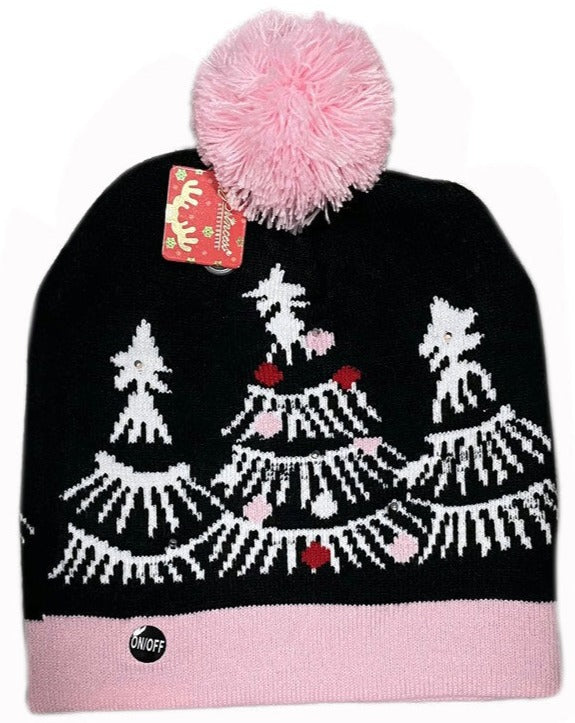 Trees With Pink Trim Flashing LED Light Up Christmas Pom Hat