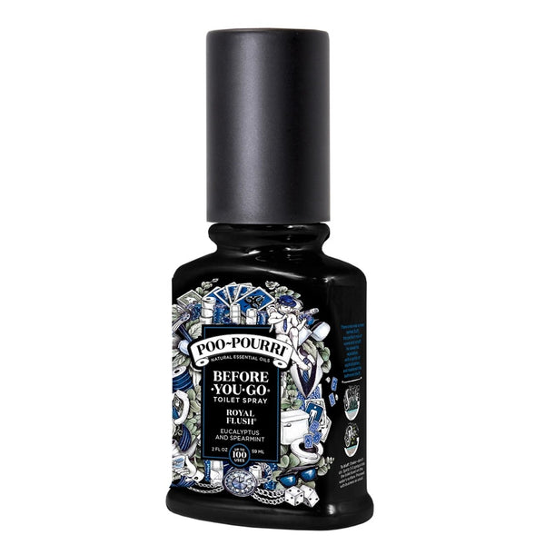 Black bottle of Poo-Pourri in Royal Flush scent on a white background