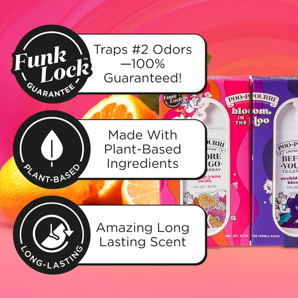 Poo Pourri Funk Lock product packaging with branding and product features on a pink background