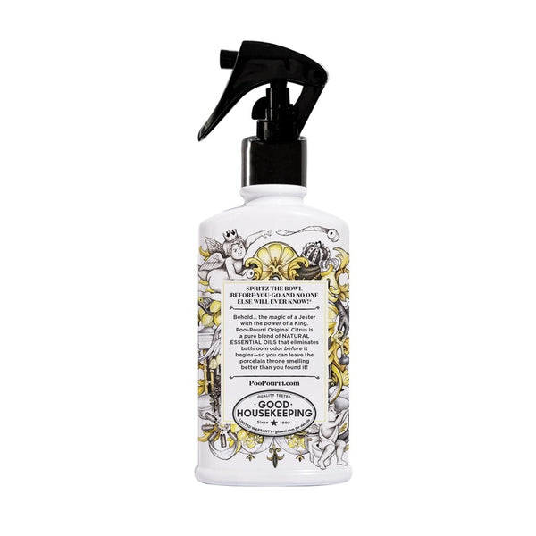 Poo Pourri Toilet Spray 8oz Trigger Spray Bottle Showing Back Of Label. Original Citrus Scent.