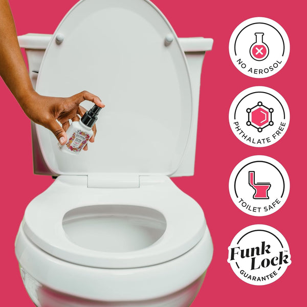 Person holding a bottle of poo Pourri toilet spray over a toilet with product features highlighted on a pink background.