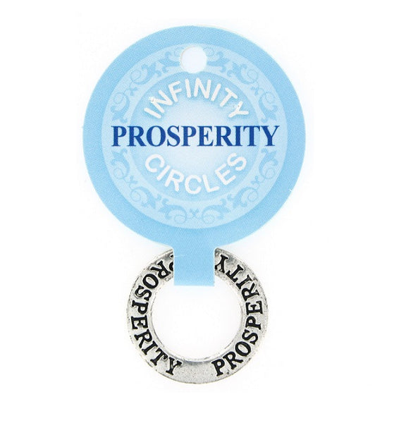 A silverplated metal infinity circle token chip charm engraved with the word 'PROSPERITY' on the front, attached to a light blue circular display card that reads 'INFINITY CIRCLES'.
