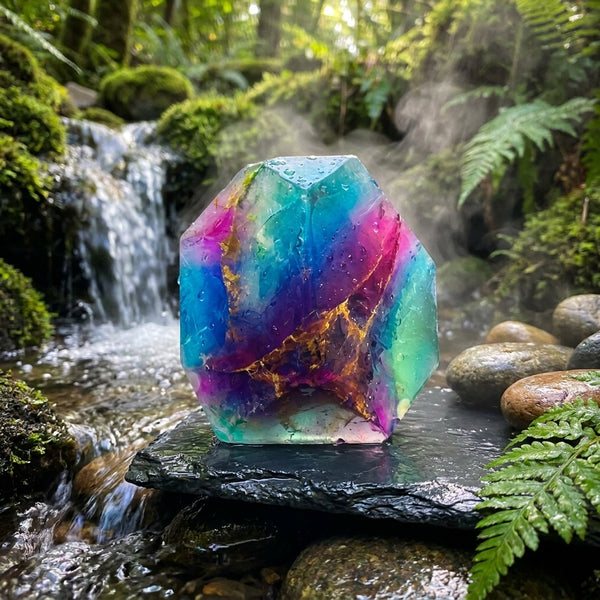 Rainbow Fluroite Soap Rock crystal soap on a rock with a forest background