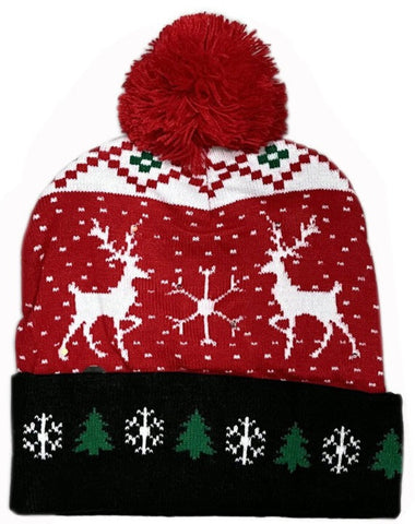 Reindeer On Red Flashing LED Light Up Christmas Pom Hat