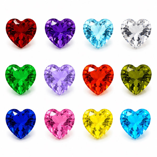 Glass Birthstone Heart Floating Charms For Locket Necklaces Showing All The Birthstone Months On White Background