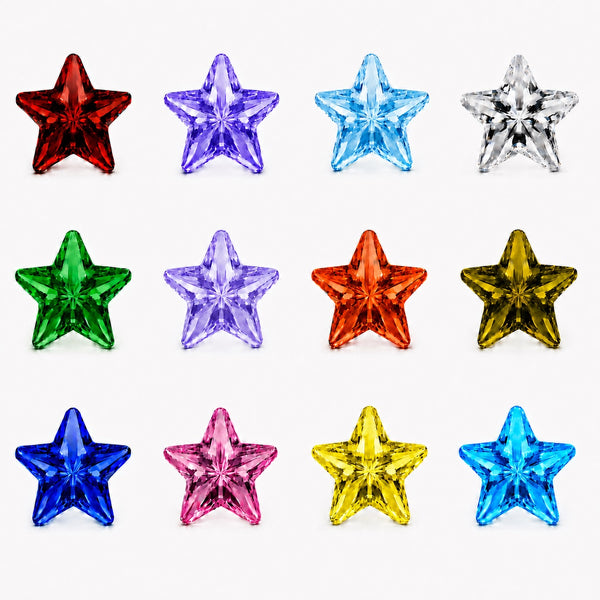 Twelve faceted star-shaped crystal Floating Charms for locket necklaces arranged in a 3-by-4 grid on a plain white background, shown in multiple colors including red, purple, light blue, silver, green, pale pink, dark red, olive green, blue, yellow, pink, and another light blue.