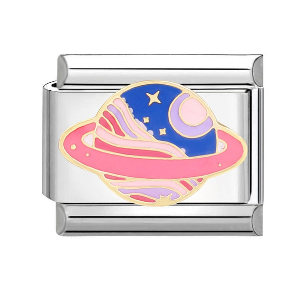 Silver 9mm Italian charm with a colorful space-themed planet design on a white background