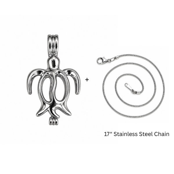 Silver-toned stainless steel sea turtle cage pendant for love pearls and chain set on a white background, with the pendant shown on the left and a coiled 17-inch chain on the right plus text reading '17" Stainless Steel Chain'.
