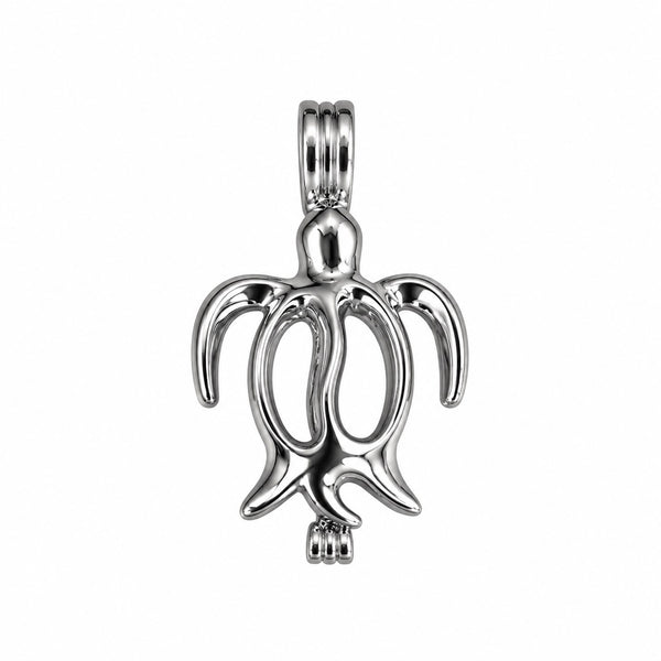 A polished silver cage pendant shaped like a sea turtle, shown on a plain white background.
