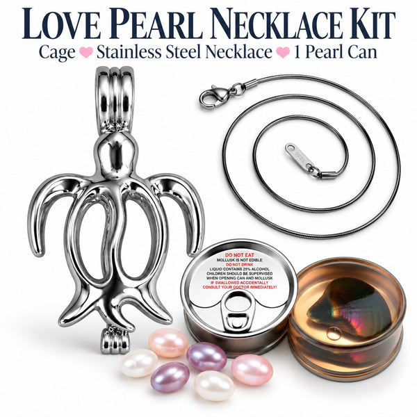 Sea Tutle Love Pearl Kit Showing The Tutle Cage Necklace, Stainless Steel Chain And Cans Of Pearls With Loose Pearls In Various Colors