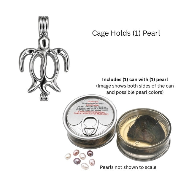 A sea turtle cage pendant for love pearl reveal shown with cans containing mollusk with freshwater pearl inside with colorful loose pearls scattered