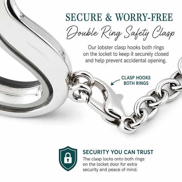Close-up of a silver double ring safety clasp on a floating charm locket bracelet with chain links, with marketing text explaining secure latching and a small trust icon on a white background.