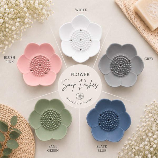 lotus flower self draining soap dishes in 5 colors, white, pink, green, blue, gray.
