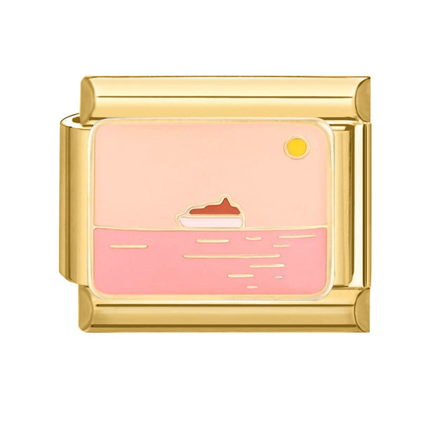 A gold-plated 9mm Italian Charm featuring a pastel pink and peach landscape design with a small boat and sun.