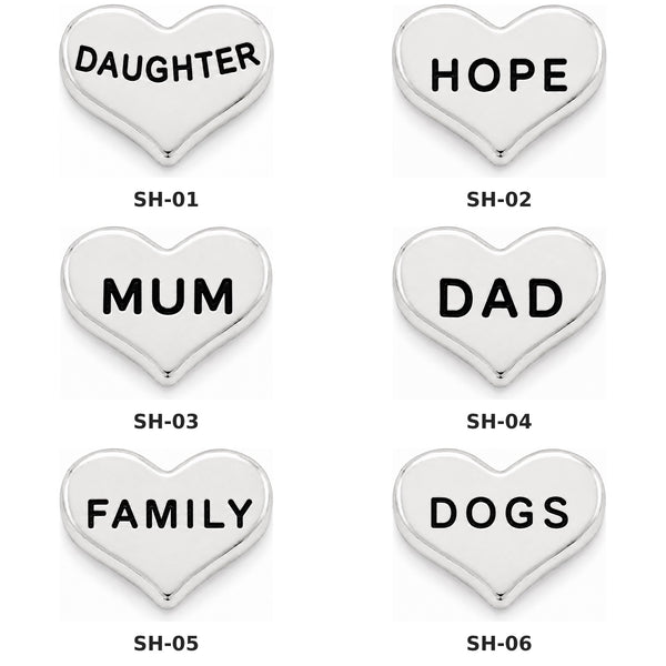 Six heart-shaped silver floating charms with engraved black text, arranged in a 2x3 grid on a white background. The charms are labeled SH-01 to SH-06 with text options: DAUGHTER, HOPE, MUM, DAD, FAMILY, and DOGS.