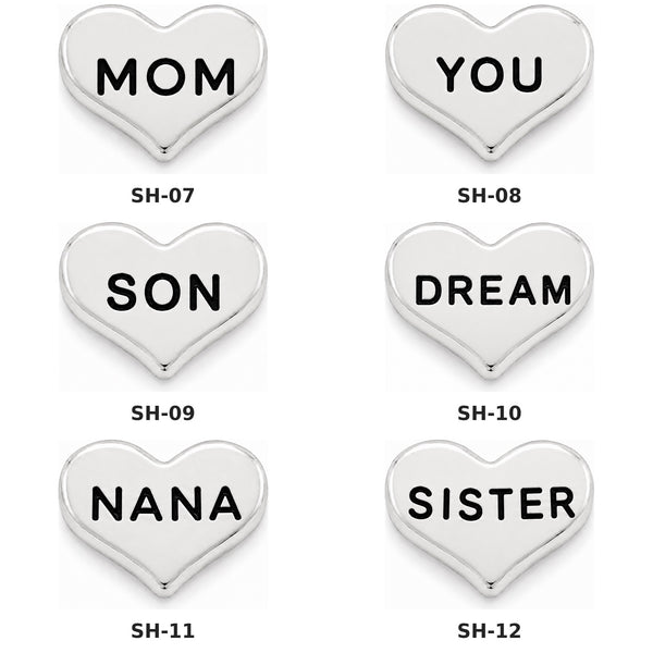 Six heart-shaped silver Floating charms with engraved black text, arranged in a 2x3 grid on a white background. The charms read MOM, YOU, SON, DREAM, NANA, and SISTER, with corresponding codes SH-07 through SH-12 printed below each.