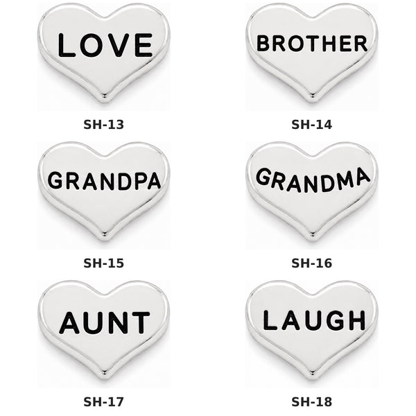 Six heart-shaped silver floating charms with engraved black text, arranged in a 2x3 grid on a white background. The charms read LOVE, BROTHER, GRANDPA, GRANDMA, AUNT, and LAUGH, with style codes SH-13 through SH-18 printed below each.